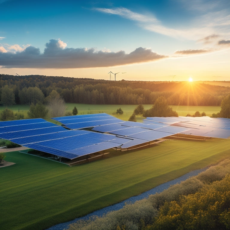 A serene landscape with a subtle gradient of blue hues, featuring various solar panels installed on rooftops, surrounded by lush greenery, with a few wind turbines in the distance.