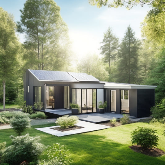 A serene, sunny backyard with a small, modern house featuring a mix of 3-4 different types of sleek, black solar panels installed on the roof, amidst lush greenery and a few trees.