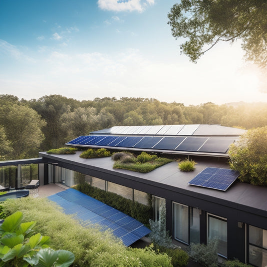 A serene residential rooftop with 5-7 sleek, black-framed solar panels installed at a 30-degree angle, surrounded by lush greenery, against a cloudless blue sky with a few wispy white clouds.