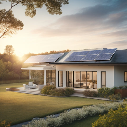 A serene, sun-lit landscape featuring a modern home with solar panels on its rooftop, surrounded by lush greenery and a subtle, fading grid of electricity lines in the background.