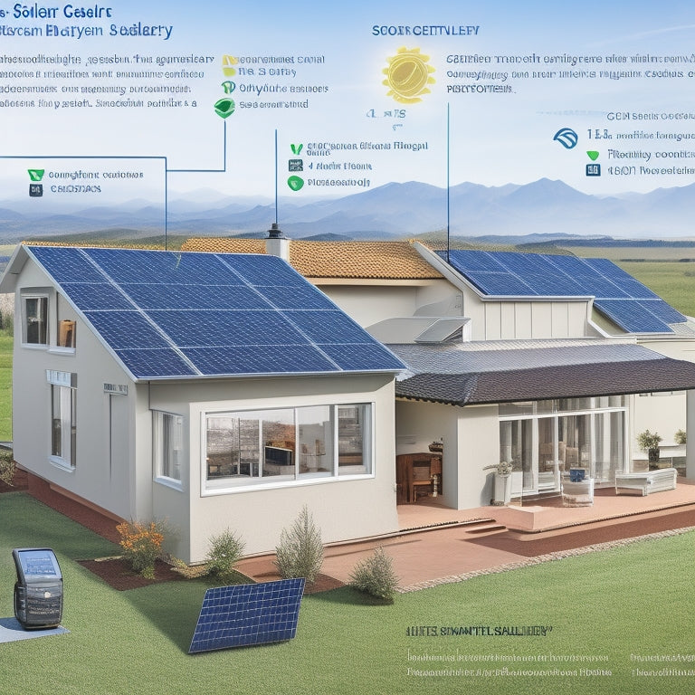 A diagram illustrating a residential solar battery system, featuring a rooftop solar panel array, a wall-mounted inverter, a battery bank with 4-6 units, and a monitoring system with a touchscreen display.