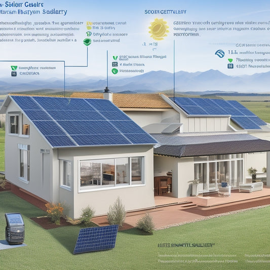 A diagram illustrating a residential solar battery system, featuring a rooftop solar panel array, a wall-mounted inverter, a battery bank with 4-6 units, and a monitoring system with a touchscreen display.