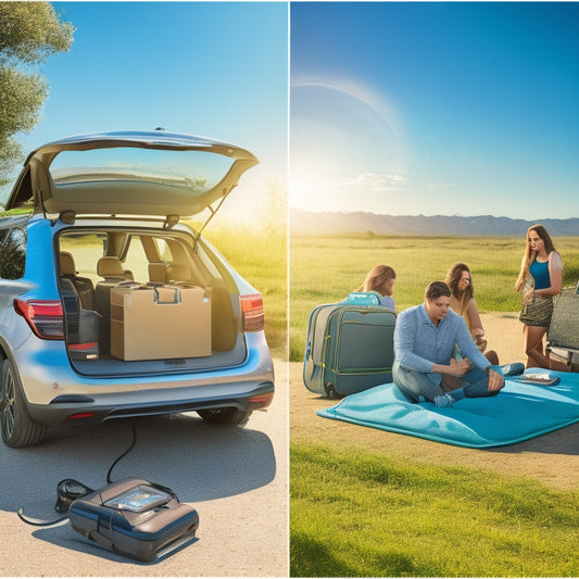 A sunny day with a parked car, a solar panel attached to the car's roof, and various smartphones and tablets plugged into a charger, surrounded by luggage and travel accessories.