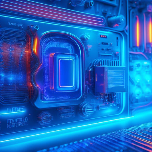 Generate an image depicting a stylized, futuristic heat panel with glowing blue circuits and wires, surrounded by swirling heat waves and thermometer lines, set against a dark, gradient background.