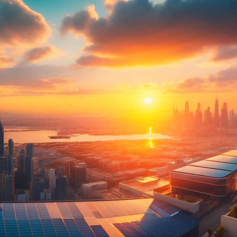 A futuristic cityscape at sunset with sleek, silver solar panels integrated into every rooftop, surrounded by wispy clouds and a warm, golden glow, with a subtle hint of electric blue undertones.