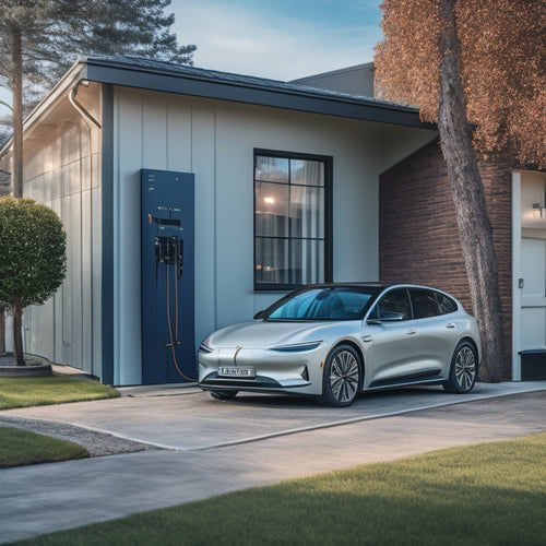 A modern, sleek electric vehicle parked in a driveway, with a charging cable connected to a wall-mounted charger, set against a clean, minimalist background with subtle green accents.