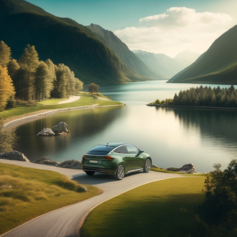 A stylized illustration of a winding road surrounded by lush greenery, with a sleek electric vehicle in the foreground, passing by a scenic lake and majestic mountains in the distance.