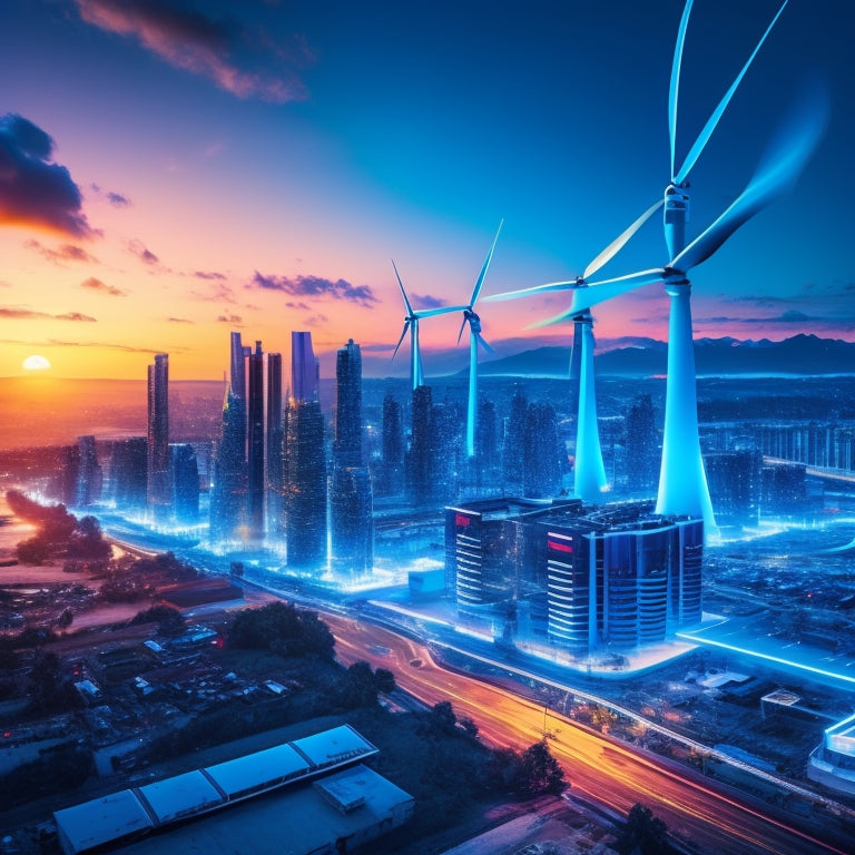 An illustration of a futuristic cityscape at sunset, with sleek, modern buildings and wind turbines in the background, featuring a large, glowing blue battery at the forefront, surrounded by swirling electrons and circuits.