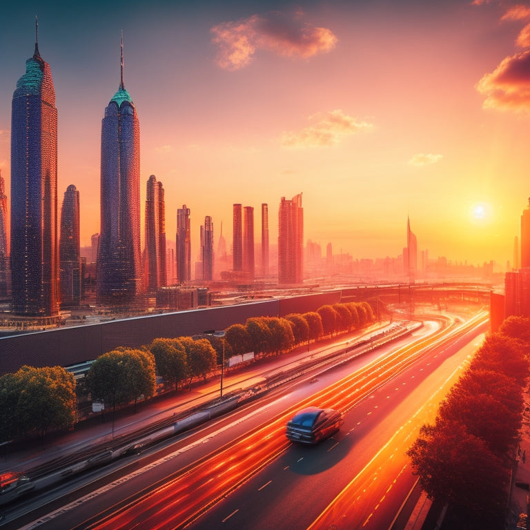 A futuristic cityscape with sleek skyscrapers, streets lined with electric vehicles, and rooftops covered in shimmering solar panels, illuminated by a vibrant orange sunset with subtle hints of green and blue.