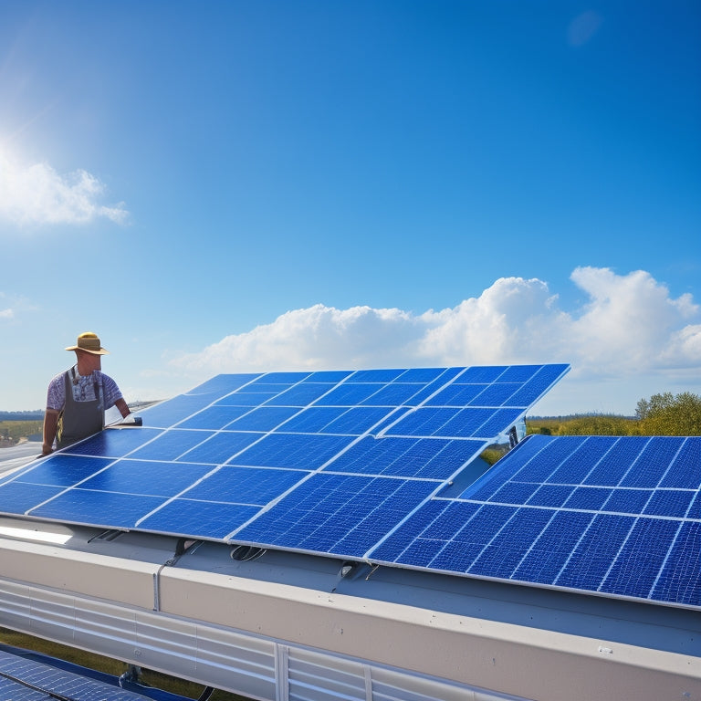 A bright blue sky with a few white, puffy clouds, and a rooftop with a row of sleek, black solar panels, with a gardener in the distance, gently cleaning the panels with a soft-bristled brush.