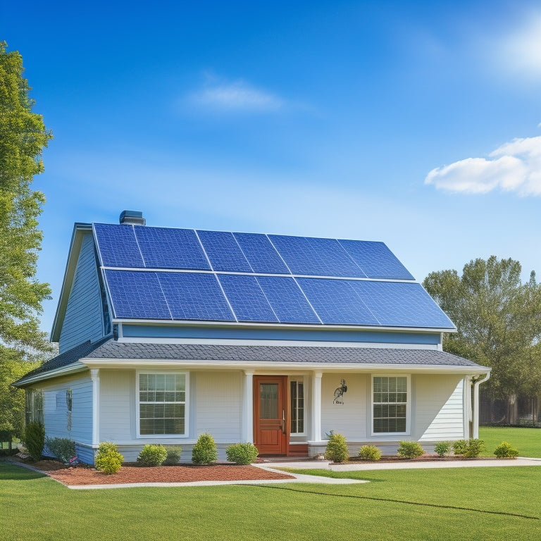 A serene suburban home with a pitched roof, showcasing a partially installed solar panel array, with a ladder and toolbox nearby, amidst a clear blue sky with fluffy white clouds.