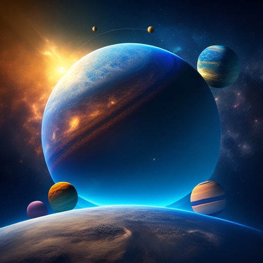 A stylized illustration of a solar system with 7-10 planets, each with distinct atmospheric features, orbits, and axial tilts, set against a dark blue-gray background with subtle nebulae and starfield textures.