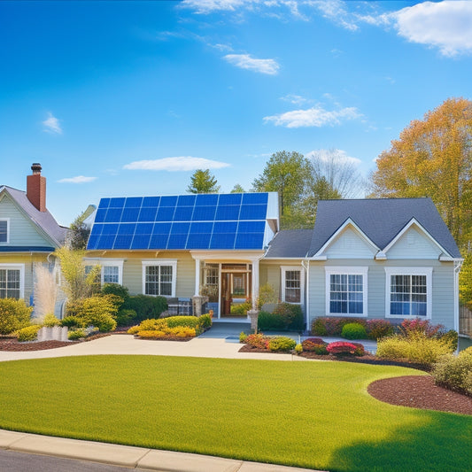 A serene suburban neighborhood with 5 houses, each featuring a different affordable solar panel installation, showcasing varied panel sizes, angles, and roof types under a bright blue sky with fluffy white clouds.