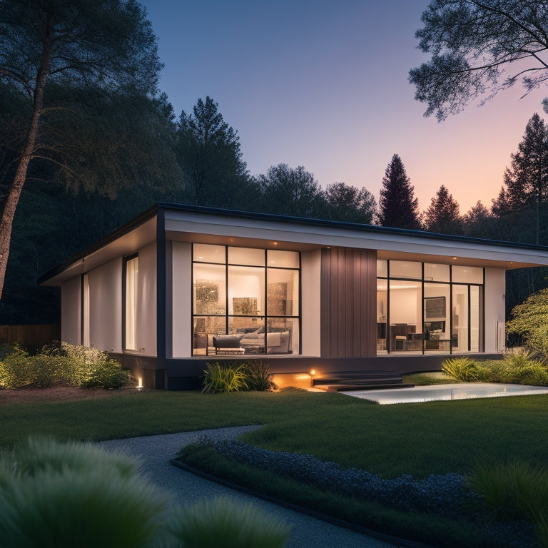 A serene, modern home at dusk, illuminated by soft, warm lighting, with a sleek, compact solar battery backup system discreetly installed on the exterior wall, surrounded by lush greenery.