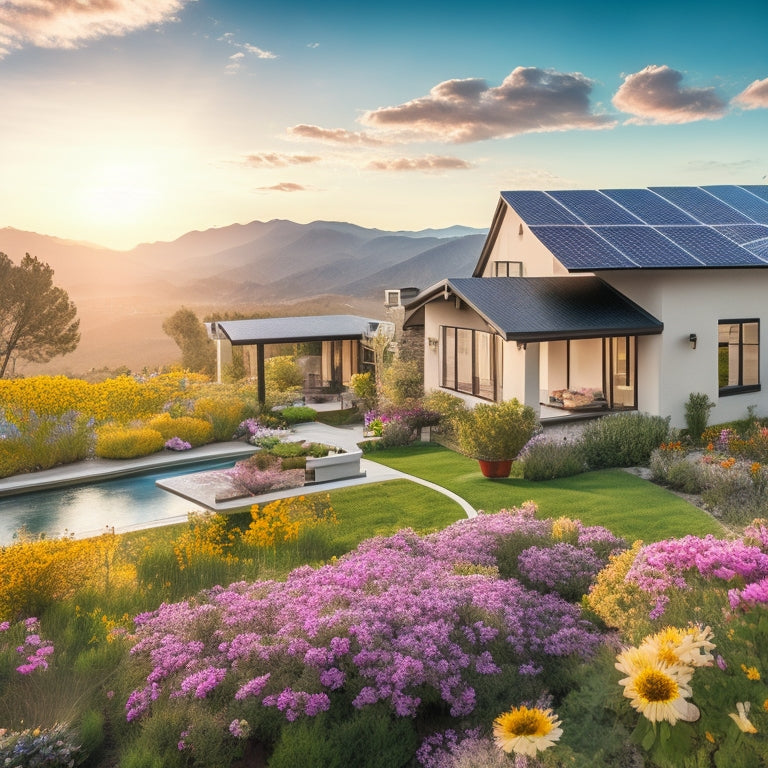 A serene California landscape with a modern home featuring a solar panel roof, surrounded by blooming flowers and a sunny sky with a few wispy clouds, highlighting a bright, eco-friendly future.