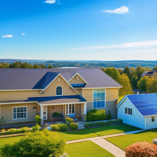 A bright blue sky with a few white, puffy clouds, and a suburban neighborhood with various houses, each featuring a different type of solar panel installation on its rooftop, with a subtle sunshine glow.