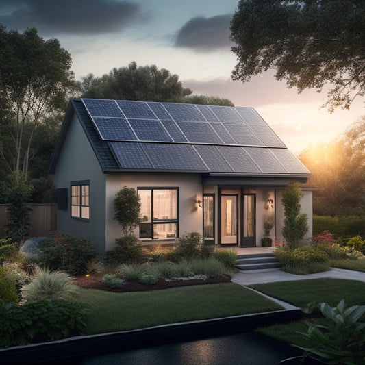 A serene suburban home with a sleek, modern solar panel array on the roof, surrounded by lush greenery, with a faint sunny glow and a subtle hint of electric meter spinning backwards.