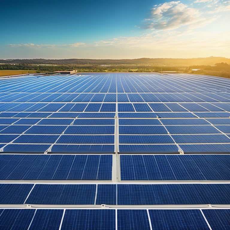 A photorealistic illustration of a commercial rooftop solar array, featuring 30-40 identical, silver-framed photovoltaic panels, each measuring approximately 39" x 65", arranged in rows and columns.