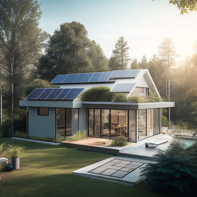 A serene, daytime scene of a modern home with solar panels on the roof, a sleek inverter on the exterior wall, and a subtle grid of circuits and wires in the background, surrounded by lush greenery.