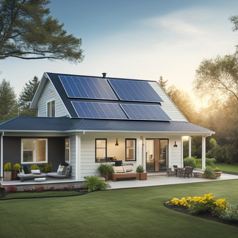 A serene suburban home with a solar panel array on the roof, surrounded by icons of various expenses (e.g., a cash register, a toolbox, a permit, and a warranty certificate) in a subtle, minimalist style.