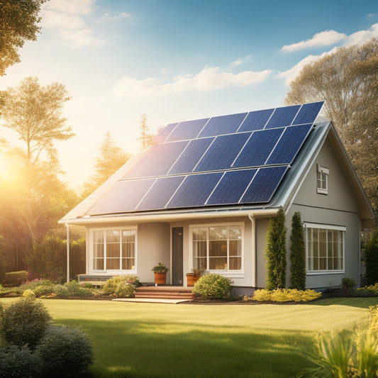 A serene suburban home with a sleek solar panel array on its roof, surrounded by lush greenery, with a bright blue sky and fluffy white clouds, emitting a warm golden glow.