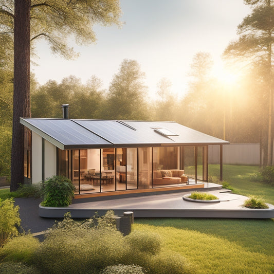 A serene, modern small home with a sloping roof, surrounded by lush greenery, featuring a sleek solar panel array on the roof, with a subtle sun shining down, casting a warm glow.