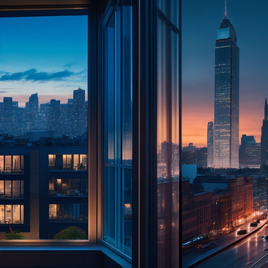 A split-screen illustration featuring a cityscape at dusk with bright, glowing windows on one side, and a dimly lit cityscape with dark windows on the other, highlighting energy efficiency.