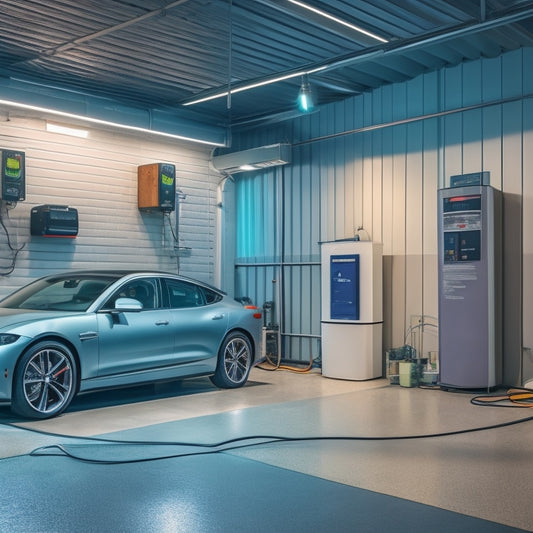 A modern, sleek, and well-lit garage interior with a silver electric vehicle parked beside a wall-mounted charging station, with a subtle grid pattern of circuit boards and wires in the background.