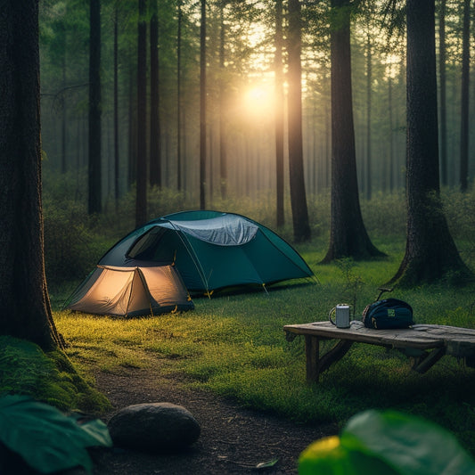 A serene forest campsite at dusk, with a compact solar panel charging a portable power bank, and a hiking backpack with a small, rolled-up solar blanket attached, amidst lush greenery and a few camping gear.