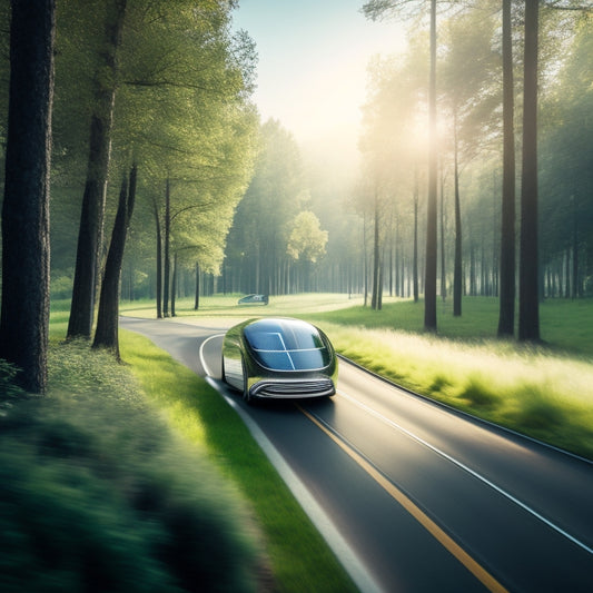 A futuristic illustration of a sleek, silver autonomous vehicle navigating a winding road, surrounded by lush green trees, with motion lines and sensor beams radiating from the car, conveying safety and innovation.