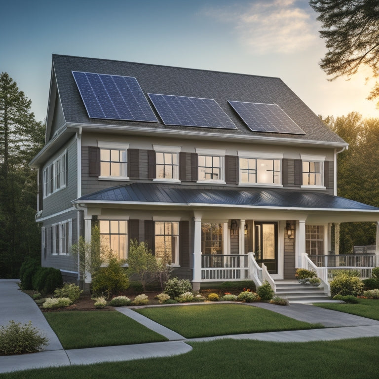 A serene suburban home with a mix of traditional and modern architecture, featuring a partially installed solar panel system on the roof, with a few panels reflected in a shiny window.