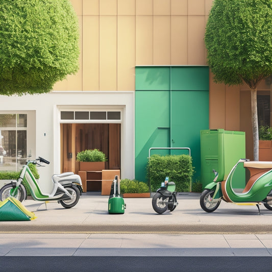 A minimalist, modern illustration of a city street with a few green electric scooters parked alongside a laptop and several online shopping bags, surrounded by subtle greenery.