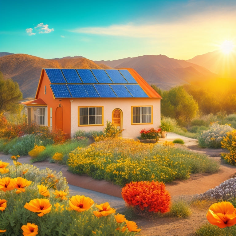 A illustration of a California landscape with a small house, solar panels on the roof, and a subtle grid of dollar signs in the background, surrounded by subtle sunbeams and California poppies.