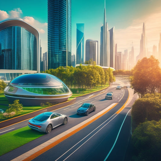 A futuristic cityscape with sleek, curved skyscrapers, verdant green spaces, and winding roads lined with EV charging stations, featuring self-driving electric vehicles in various colors and shapes.