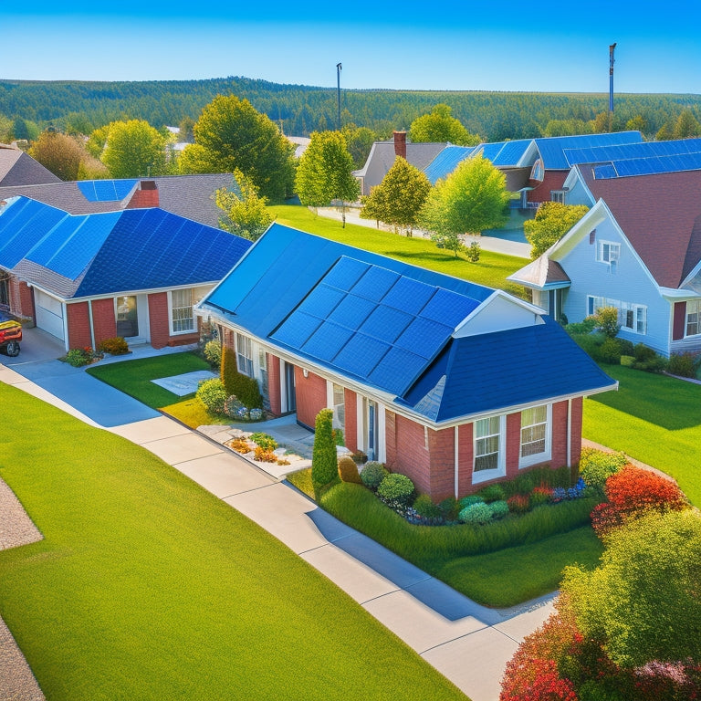 A serene suburban neighborhood with various houses featuring different solar panel installations, showcasing diverse panel designs, sizes, and roof integrations, set against a bright blue sky with fluffy white clouds.