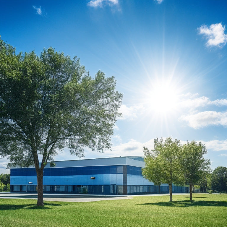 A bright blue sky with fluffy white clouds, a small business building with solar panels on the roof, and a few trees with green leaves surrounding the building, all set against a subtle sunburst background.