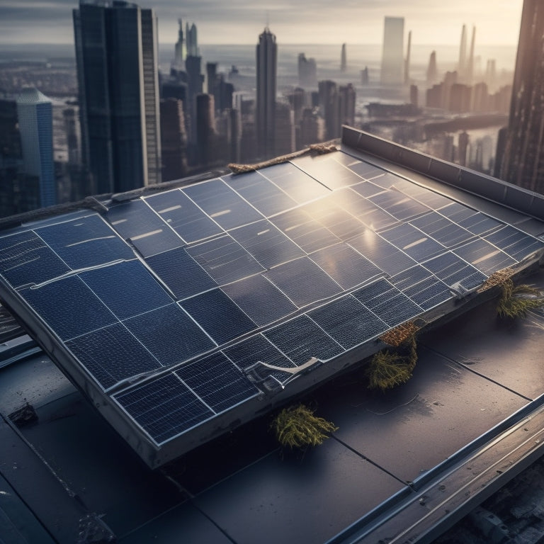 An illustration of a broken solar panel with cracked glass, tangled wires, and rusted metal frames, set against a backdrop of a cityscape with darkened skyscrapers and overcast skies.