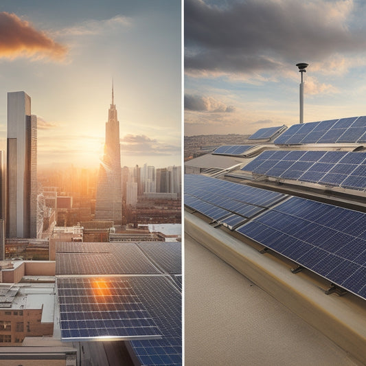 A split-screen illustration with a solar panel array on a rooftop on one side and a battery bank with a cityscape in the background on the other, connected by a swooping arrow.