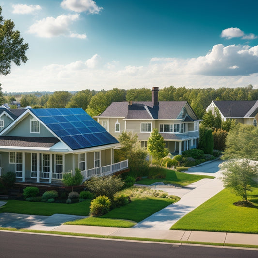 A serene suburban neighborhood with multiple houses, each featuring sleek solar panels on rooftops, surrounded by lush greenery and a bright blue sky with a few puffy white clouds.