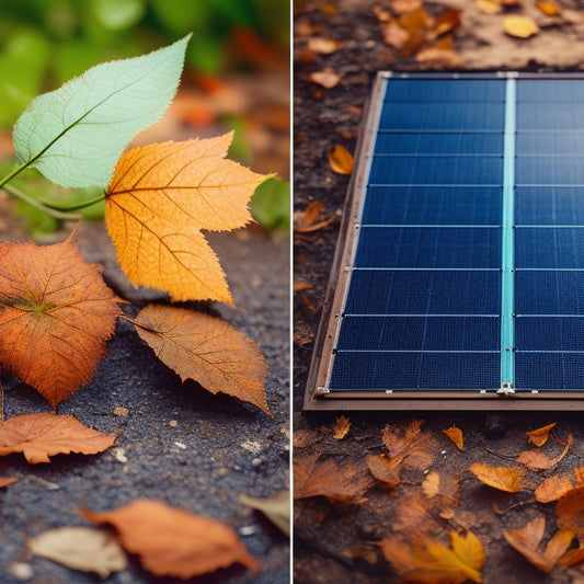 A split-screen image: a dirty, dusty solar panel with dead leaves and debris accumulation, contrasted with a clean, sparkling panel with a few maintenance tools and a sunny background.