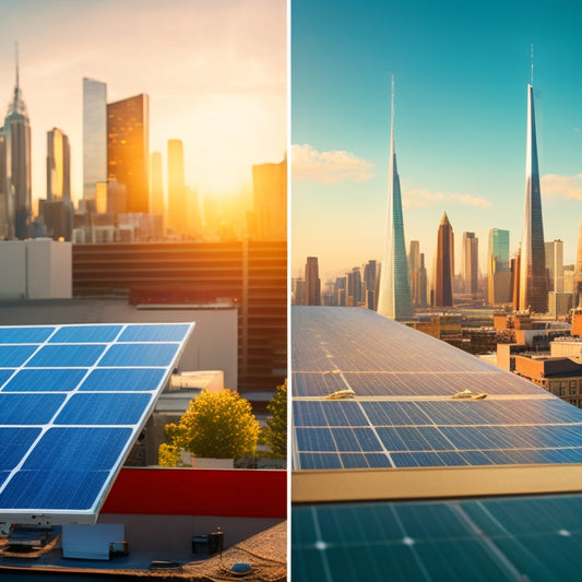 A split-screen image: a cityscape with solar panels on rooftops on one side, and a graph with a downward trending line and a dollar sign on the other, surrounded by subtle sunlight rays.