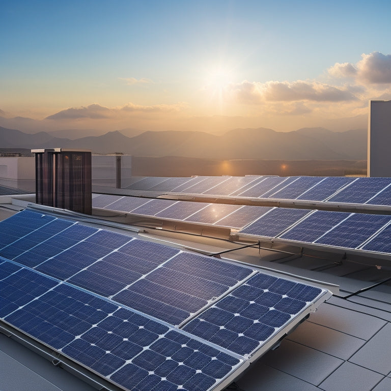 An illustration of a rooftop solar panel array with sleek, black panels angled towards the sun, connected to a central inverter unit with colorful wires and a digital display screen.