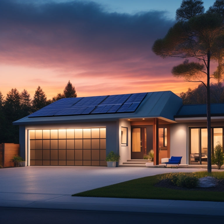 A serene, modern home at dusk with solar panels on the roof, a sleek battery bank system in the garage, and a bright, glowing lightbulb symbolizing energy efficiency and sustainability.