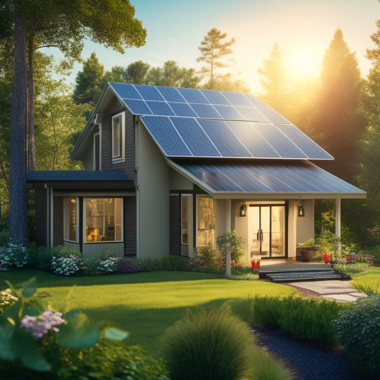 A serene suburban home with solar panels on the roof, surrounded by lush greenery, with a subtle sunbeam shining down, and a faint grid pattern in the background to represent calculations.