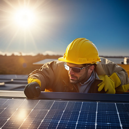 A close-up of a person in a yellow hard hat and gloves, inspecting a residential solar panel array on a sunny rooftop, with a toolbox and wire cutters nearby.