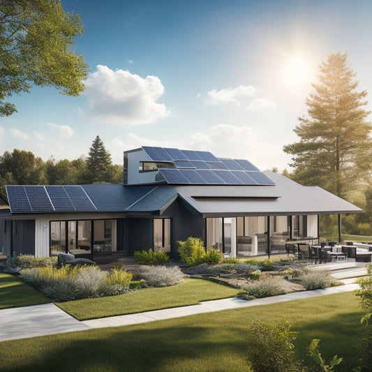 A serene suburban landscape with a modern, eco-friendly home featuring a sloping rooftop array of sleek, black solar panels, surrounded by lush greenery and a bright blue sky with a few wispy clouds.