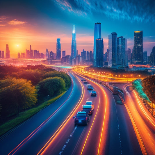 A futuristic cityscape at dusk with sleek, electric vehicles flowing smoothly through efficient, green-lit highways, surrounded by towering skyscrapers and lush green spaces, under a bright, starry night sky.