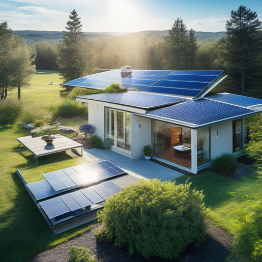 A serene, modern home with solar panels on the roof, a wind turbine in the backyard, and a geothermal system visible through a glass floor panel, surrounded by lush greenery and a bright blue sky.