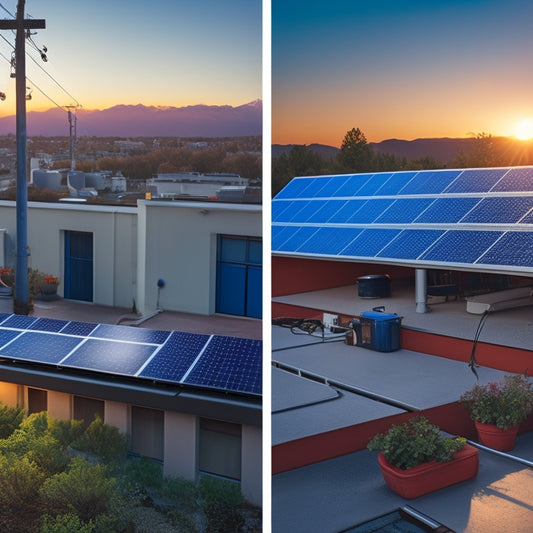 A split-screen image featuring a rooftop with solar panels on one side and a conventional electricity meter on the other, with contrasting bright and dim lighting, and varying meter speeds.