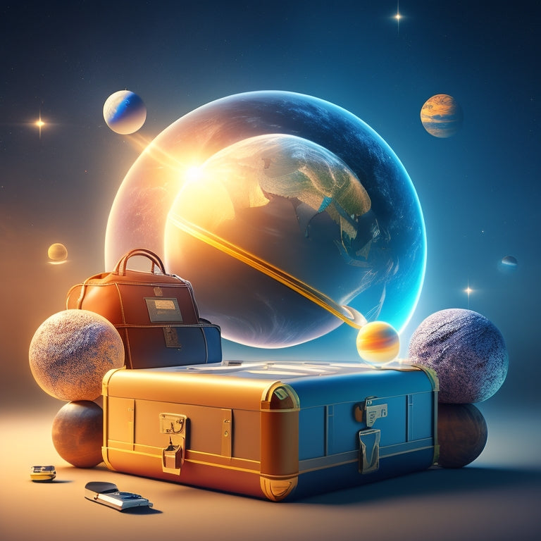 A stylized, futuristic illustration of a solar system with planets replaced by business-related objects: a briefcase, a laptop, a factory, a handshake, and a globe, orbiting a bright, glowing lightbulb at the center.